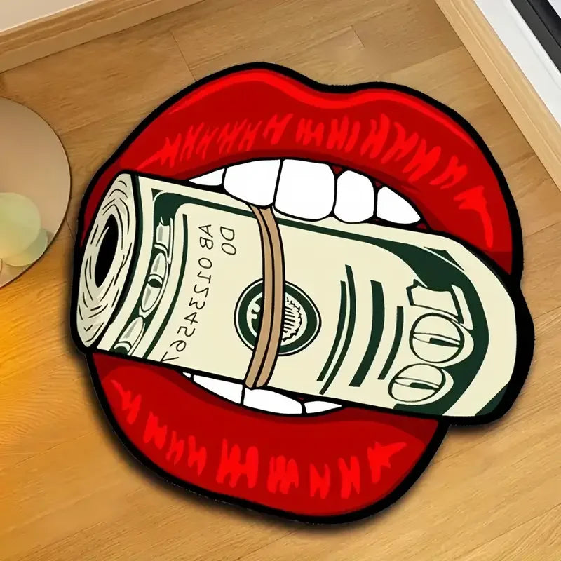 Flame Red Lips Banknote Rug, Soft and Machine-Washable Home Decor, Indoor Entrance Doormat, Bedroom Decorative Floor Mat