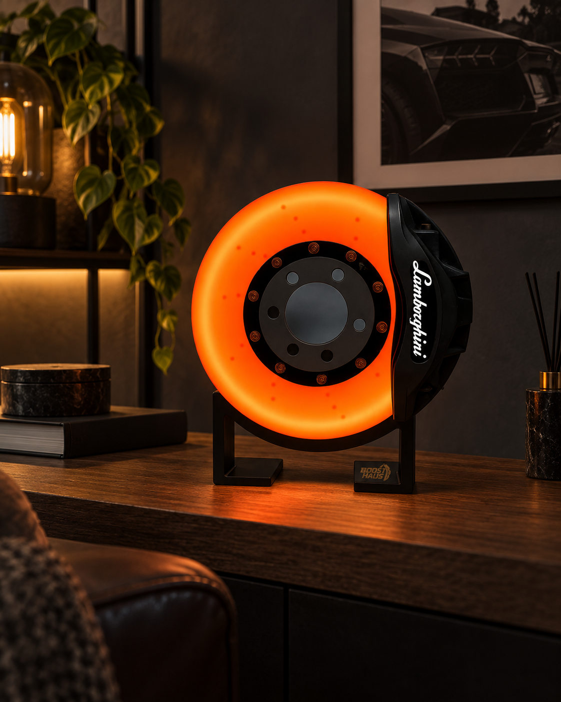 Lambo-Style Brake Disc LED Lamp — room setting