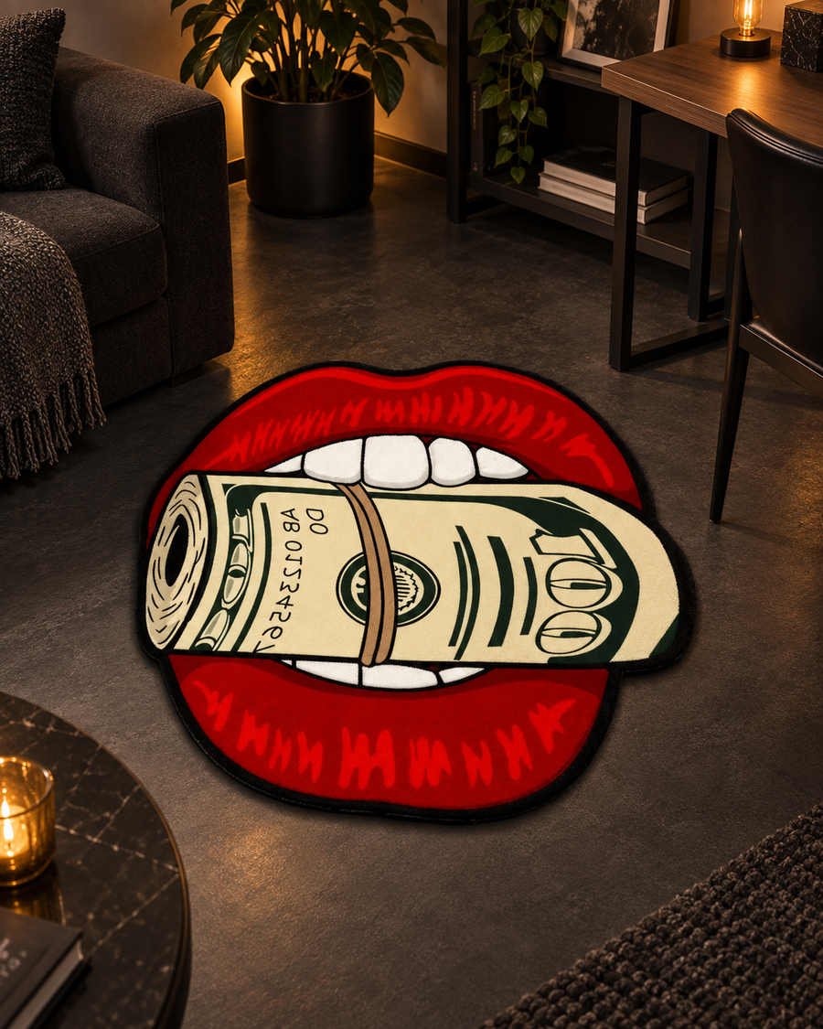 Red Lips & Banknote Statement Rug — room setting
