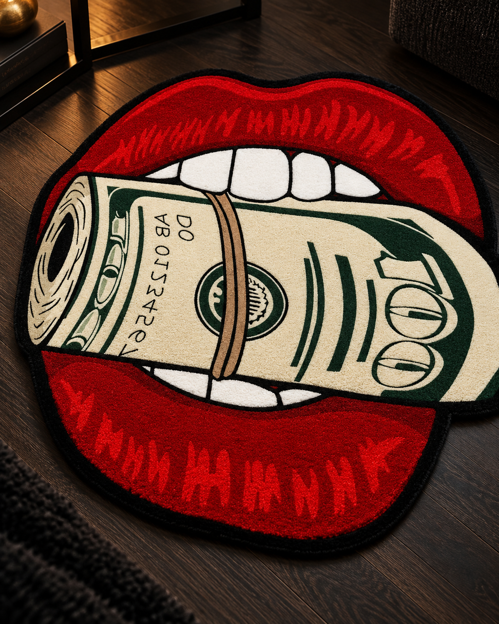 Red Lips & Banknote Statement Rug — detail view