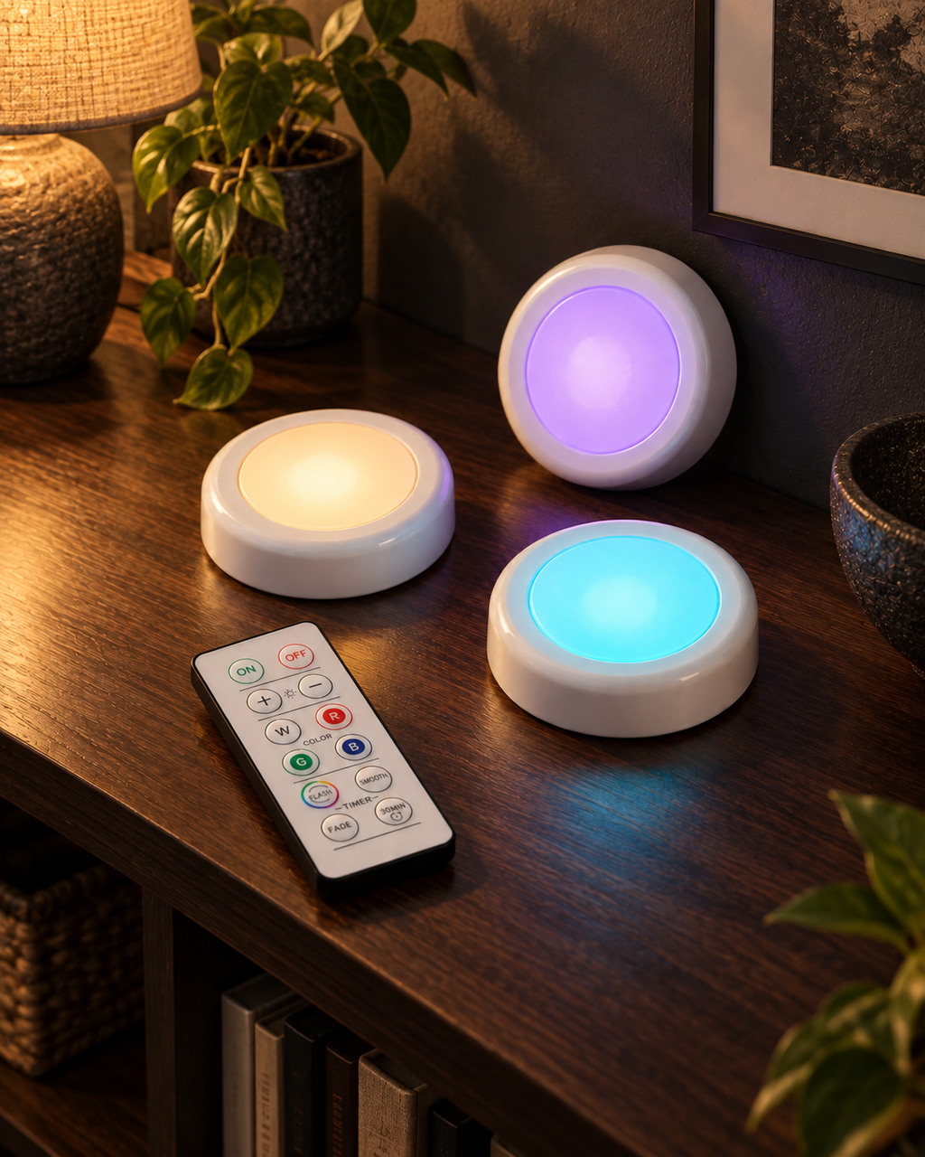 Colour-Changing Puck Lights — Set of 3 — styled product view 2