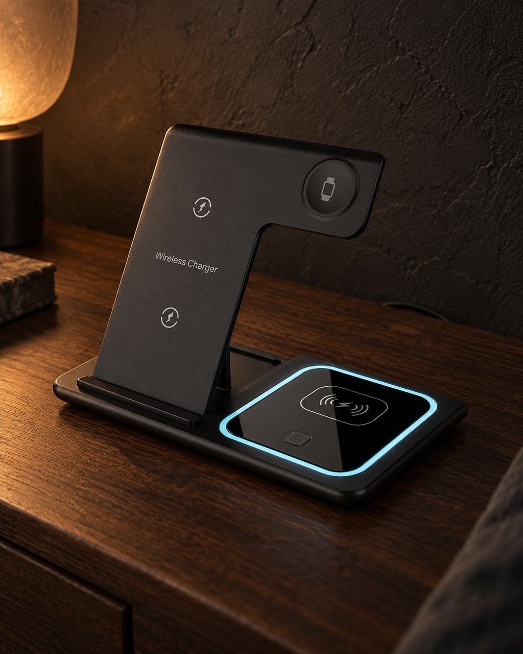 3-in-1 Ambient Charging Stand — styled in a dark room
