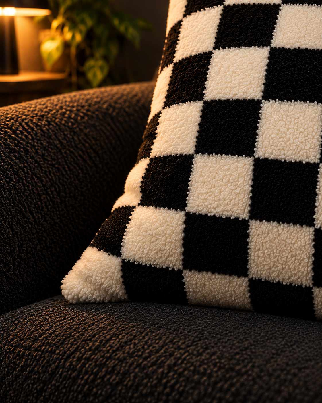 Close view of the checkerboard cushion cover texture and edge