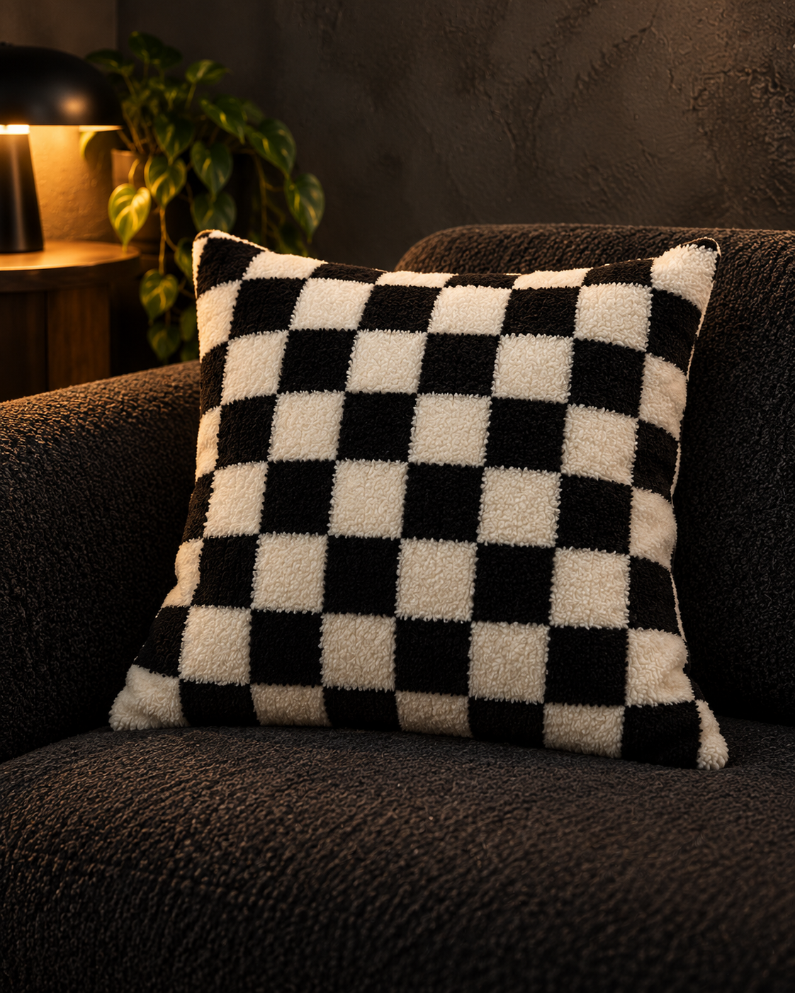 Black and ivory checkerboard cushion cover styled on a charcoal sofa