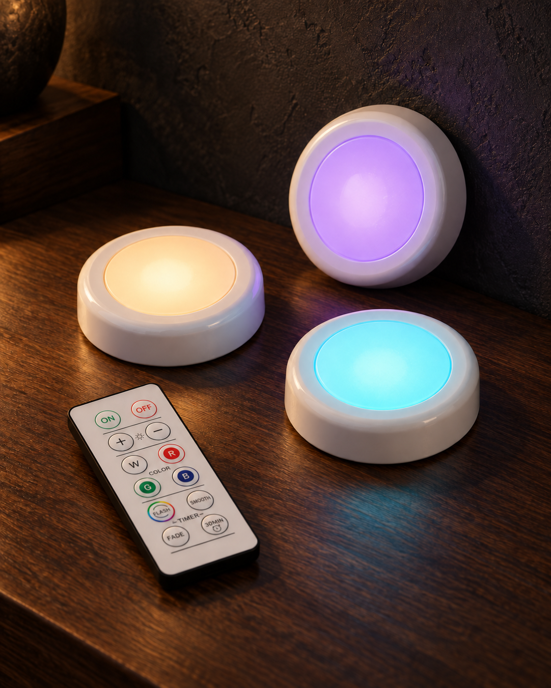 Colour-Changing Puck Lights — Set of 3 — styled in a dark room