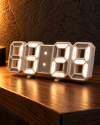 Close view of the white segmented LED digital clock
