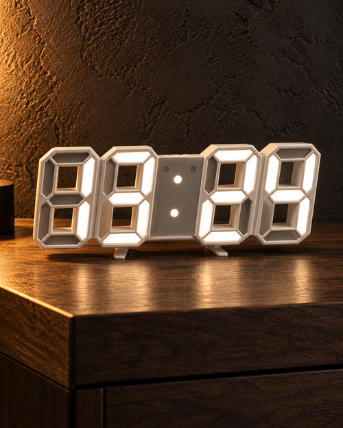 White 3D LED digital clock on a walnut surface against a charcoal wall