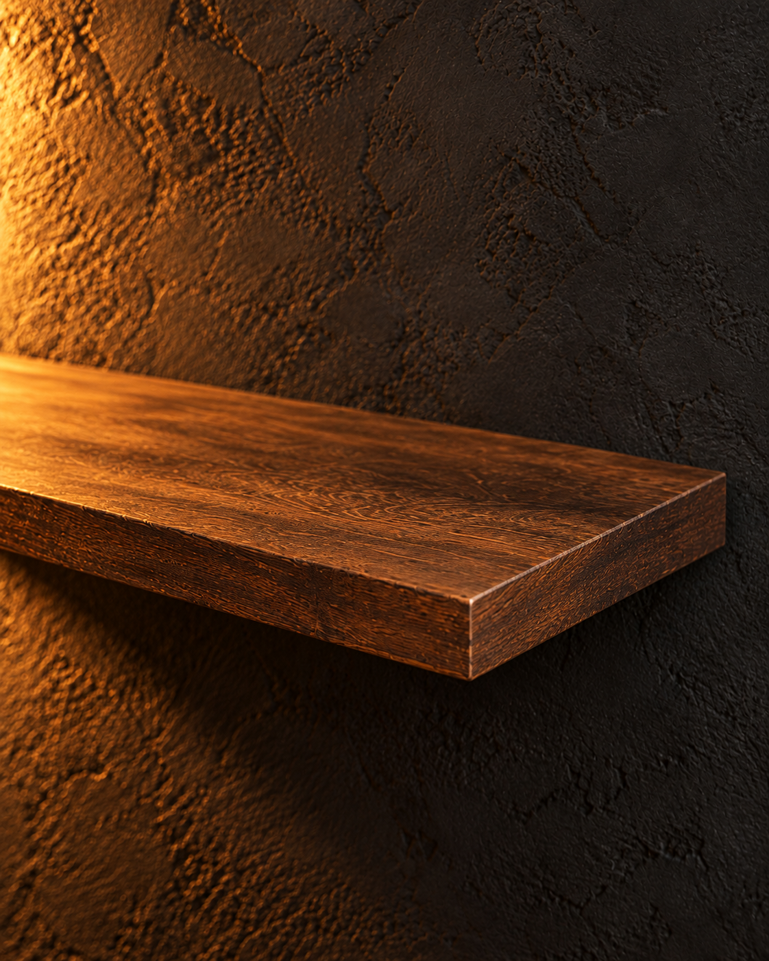 Close view of the brown floating shelf wood grain and slim edge