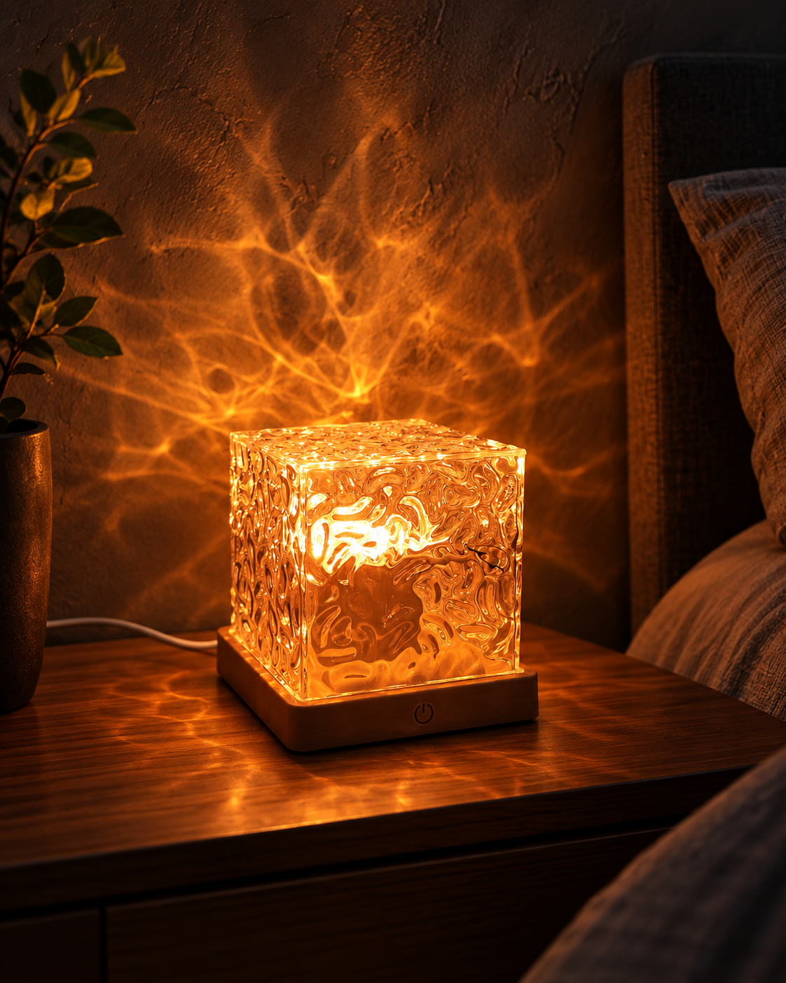 Ocean Ripple RGB Cube Lamp — amber bedside setting (styled visualisation)