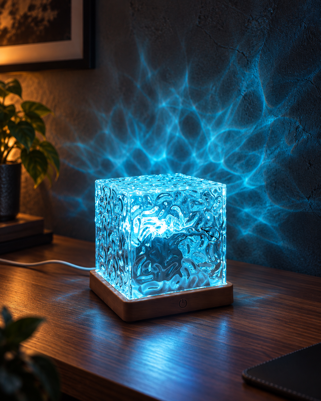 Ocean Ripple RGB Cube Lamp — blue desk setting (styled visualisation)