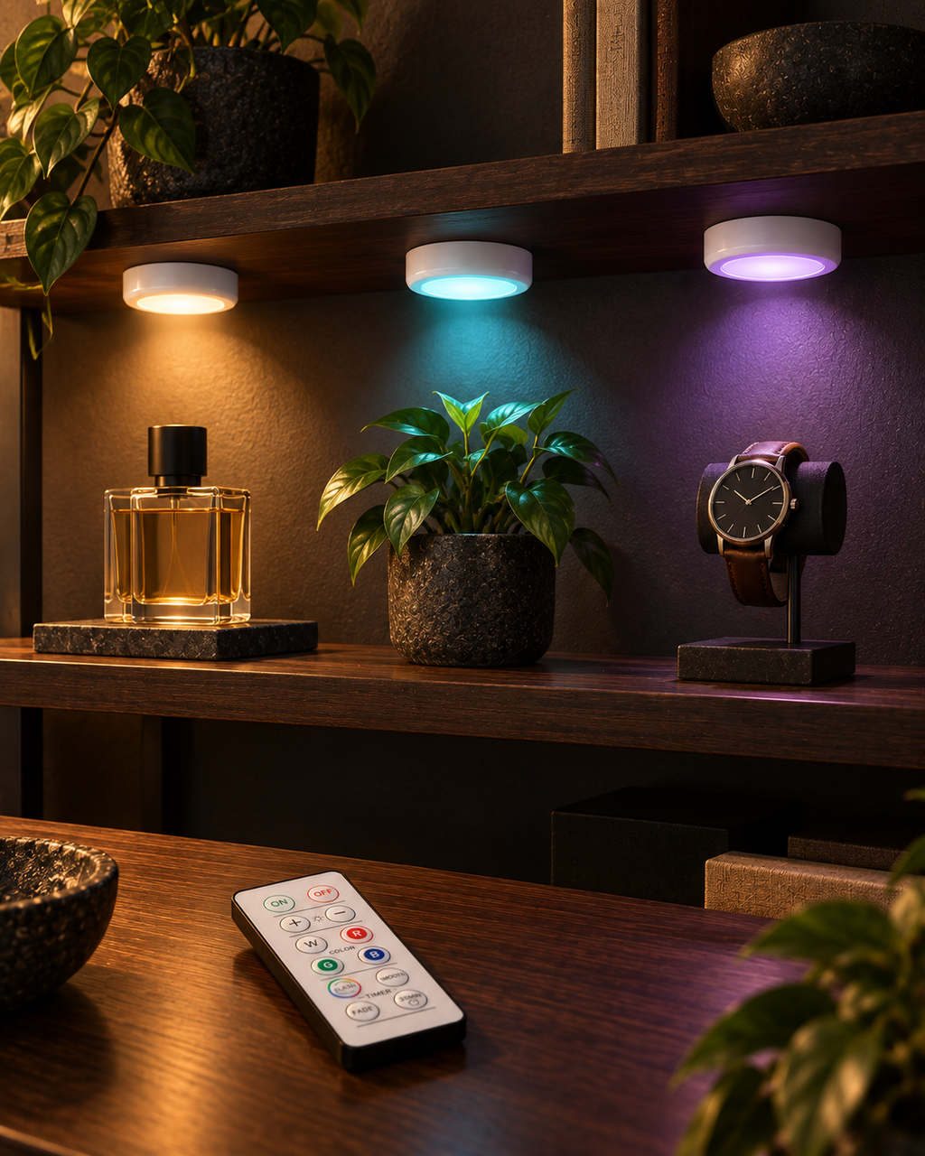 Three colour-changing puck lights illuminating a display shelf, with remote control