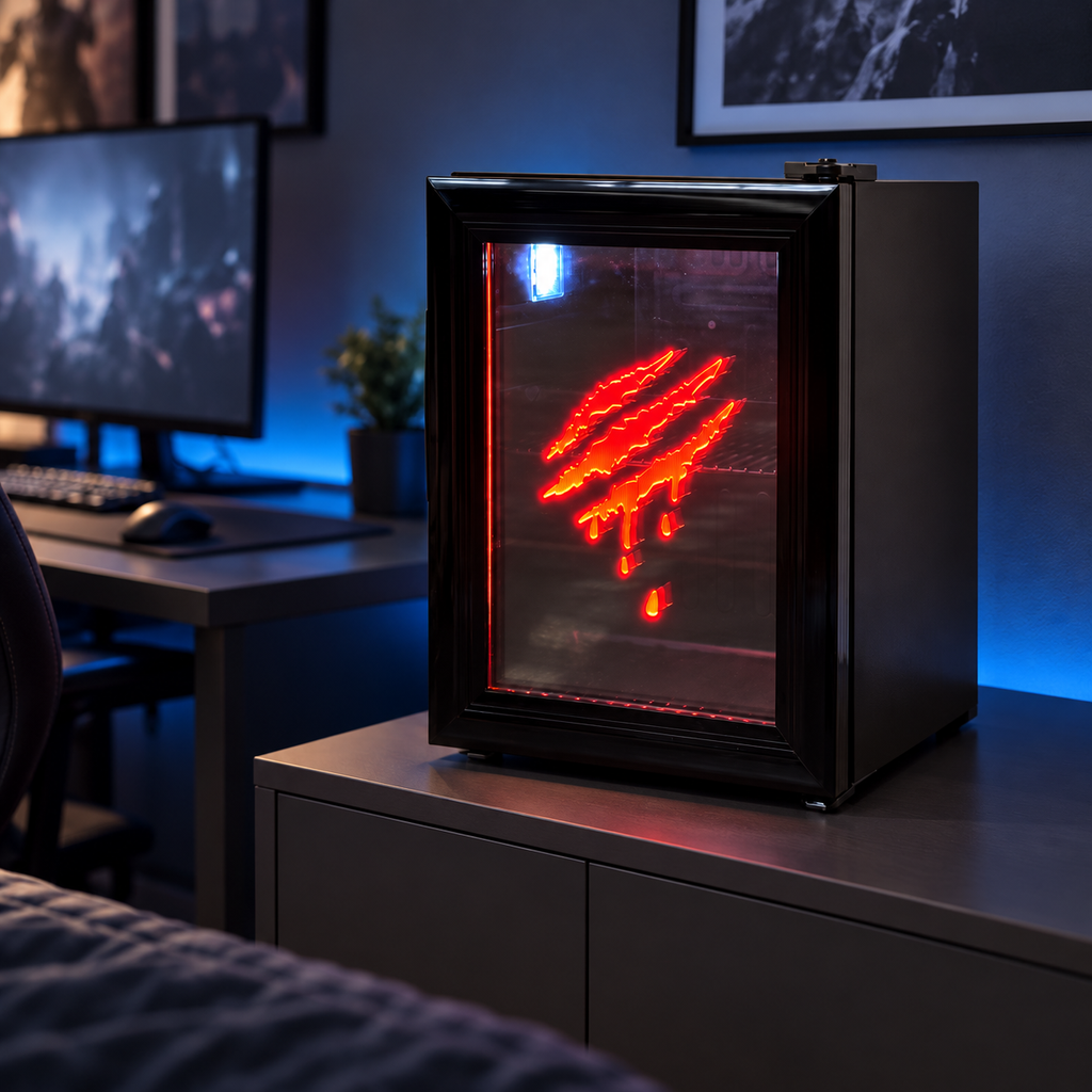 Red Claw Mini Fridge beside a gaming desk in an illustrative room setting.