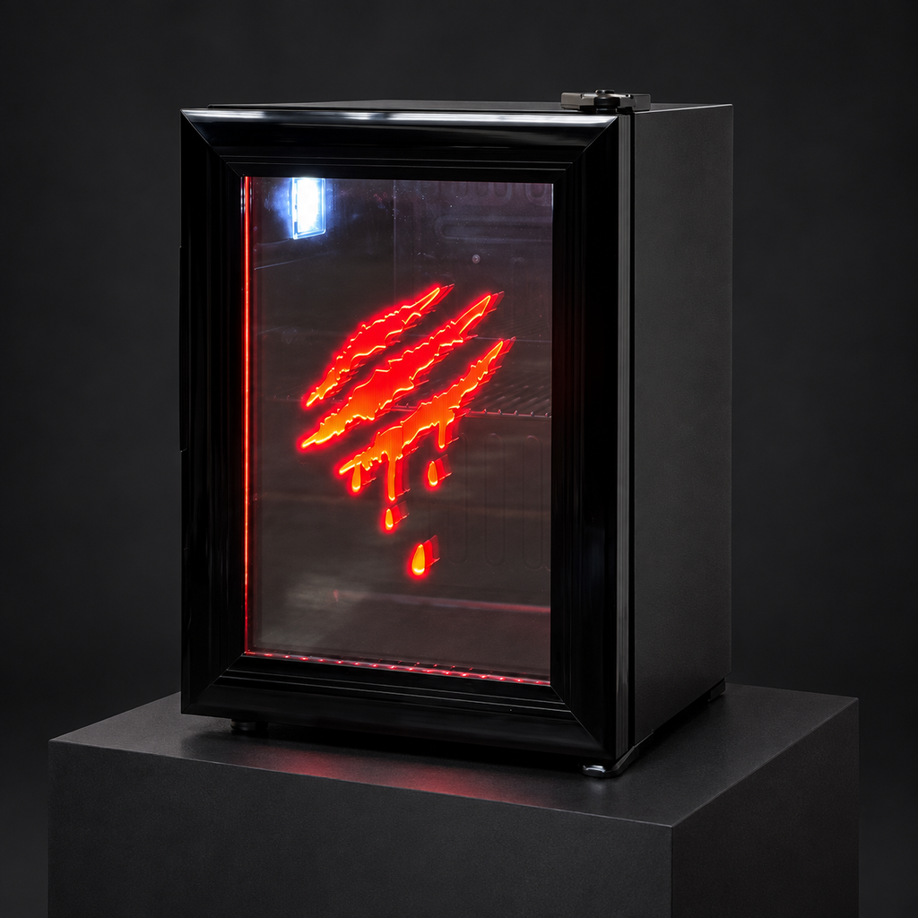 Red Claw Mini Fridge in a digitally styled studio setting based on supplier photography.