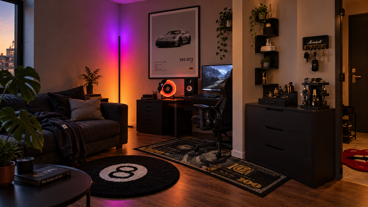 Generated room styling concept with LED lighting, 8-ball and dollar rugs, disc lamp, car print, key holder, fragrance organisers and a zigzag corner shelf