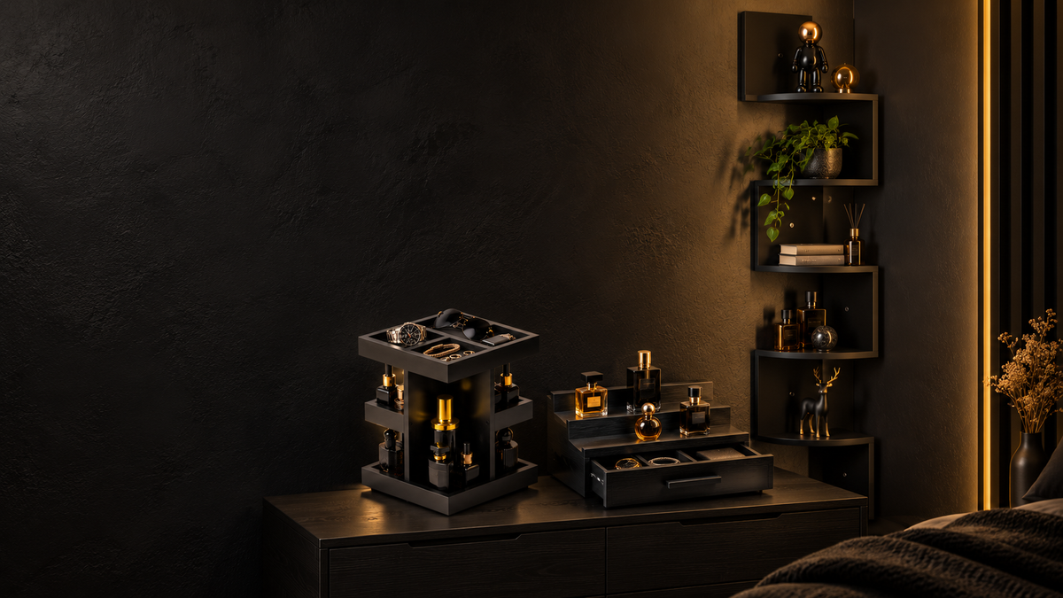 Styled arrangement of the fragrance organisers and black zigzag corner shelf